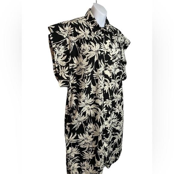 (nude) Italy Button Front Short Sleeve Tropical Black Cream Shirt Dress 44/US 8 - Picture 2 of 13
